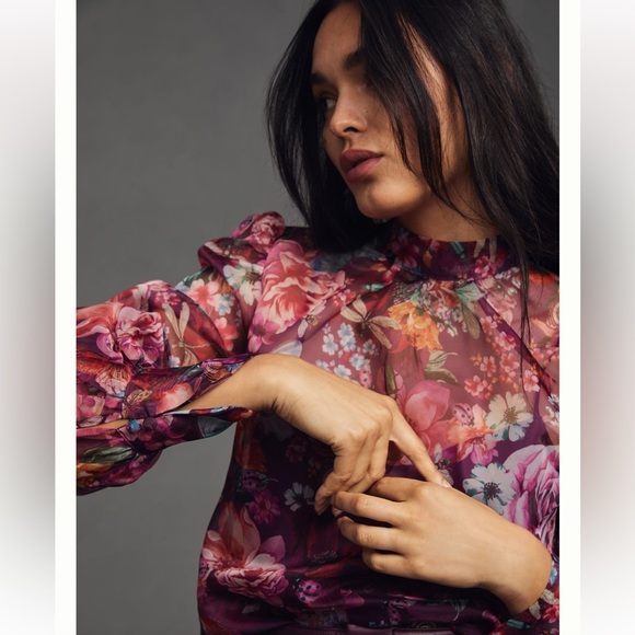 NWT Anthropologie Organza Blouse Purple Motiff Sz XXS - Picture 6 of 13